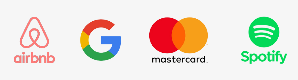 AirBnB logo, Google logo, Mastercard logo and Spotify logo