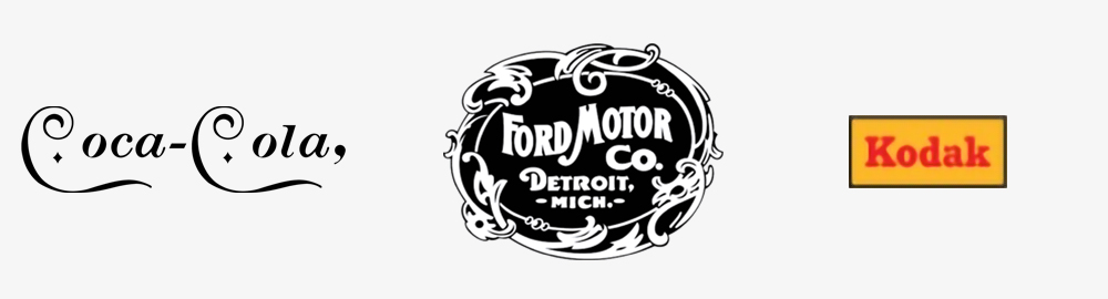 Image of the early Coca Cola logo, Ford logo and Kodak logo