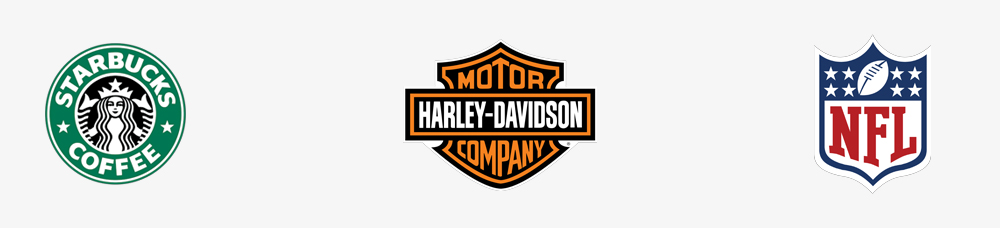 Image of the logos for Starbucks, Harley-Davidson and NFL