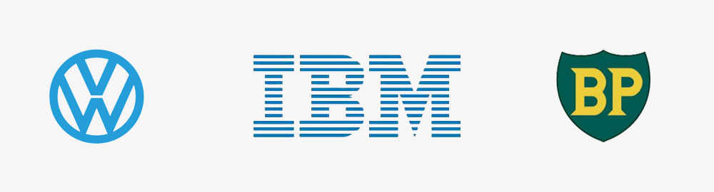 Image showcasing the Volkswagon logo, the IBM logo and the BP logo